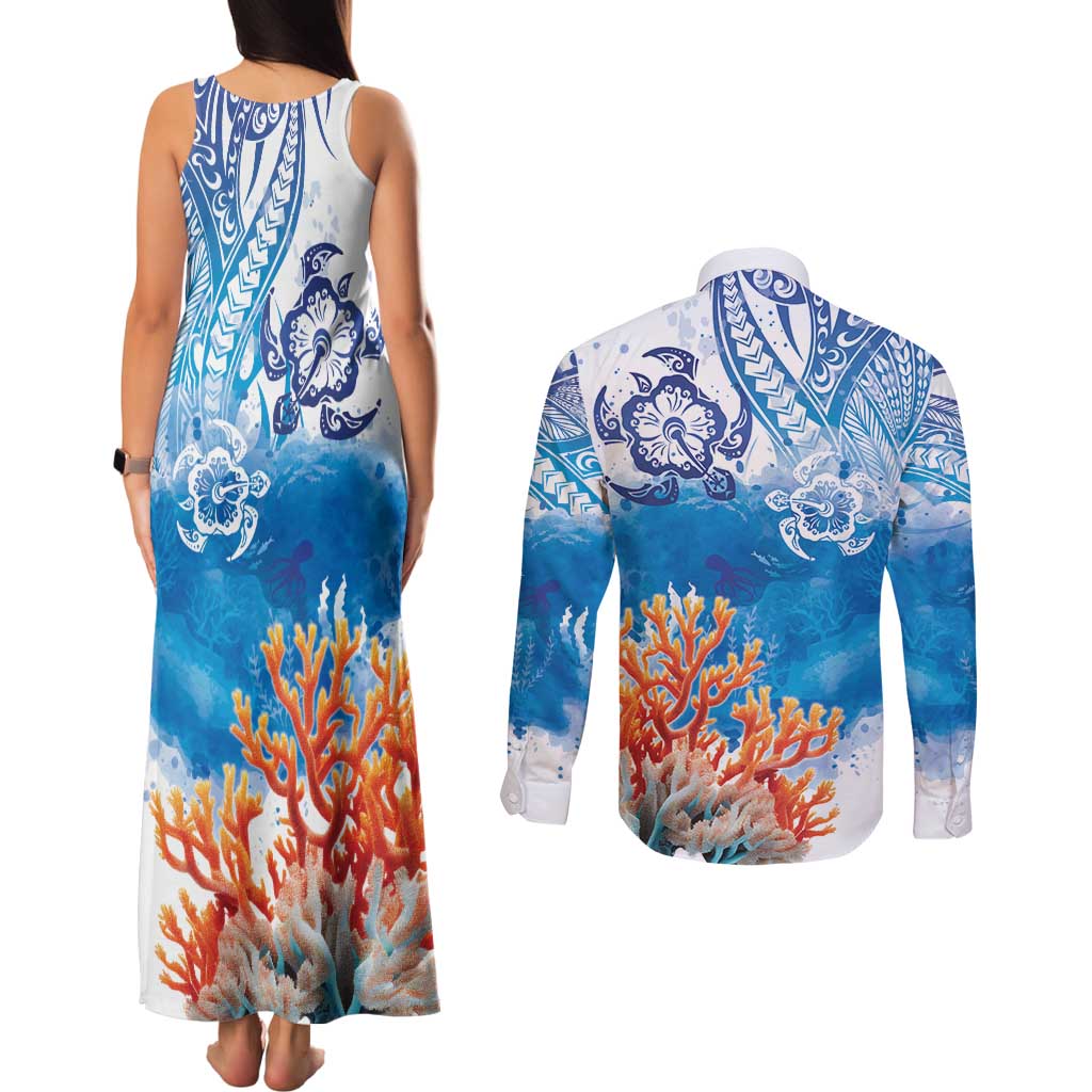 Hibiscus Turtle Tattoo Coral Reef Couples Matching Tank Maxi Dress and Long Sleeve Button Shirt with Polynesian Tribal