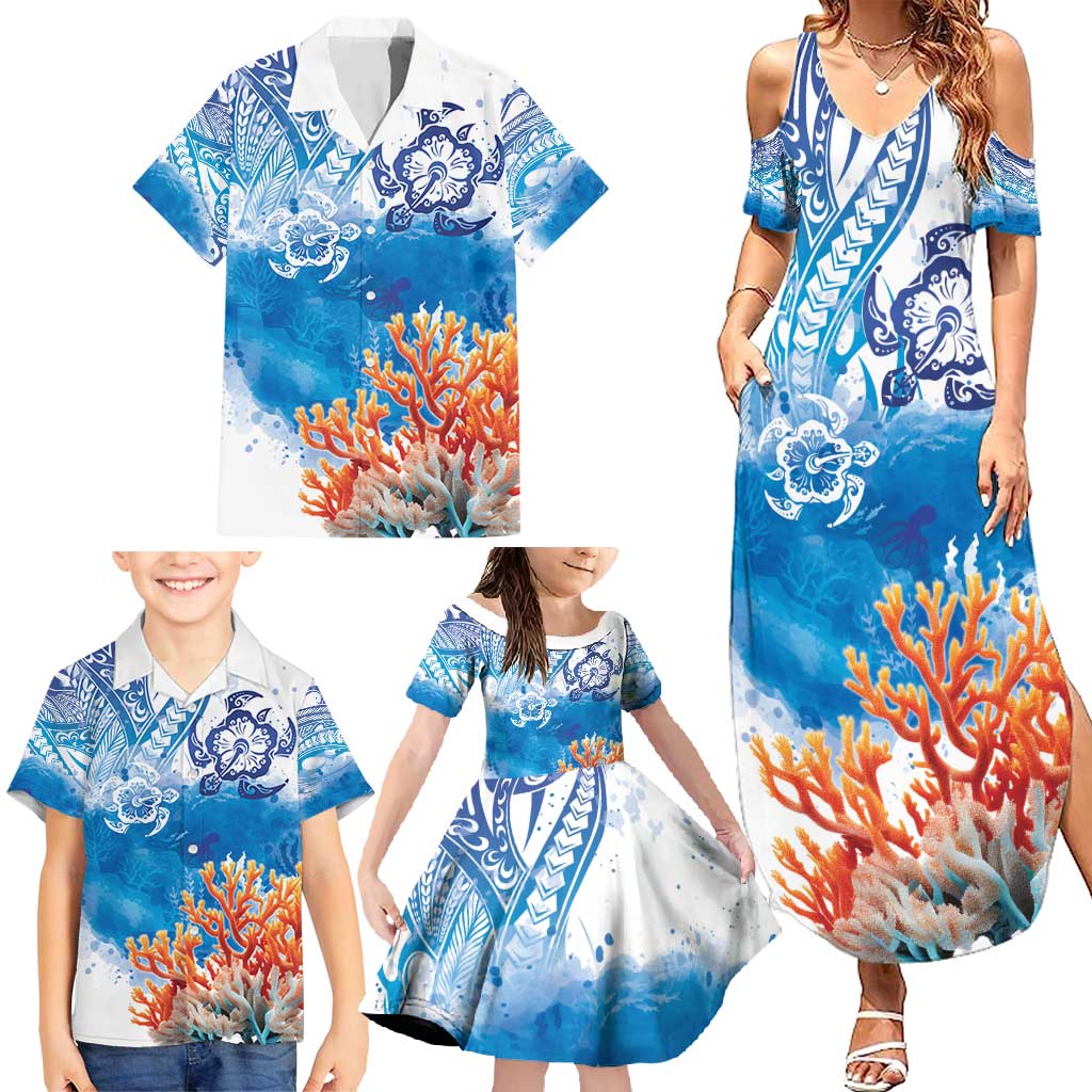 Hibiscus Turtle Tattoo Coral Reef Family Matching Summer Maxi Dress and Hawaiian Shirt with Polynesian Tribal LT9 - Polynesian Pride