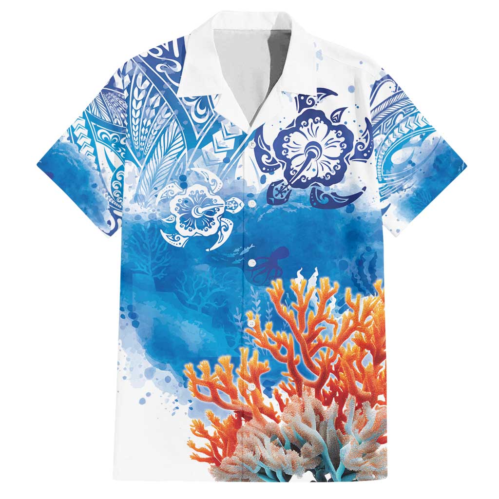 Hibiscus Turtle Tattoo Coral Reef Family Matching Tank Maxi Dress and Hawaiian Shirt with Polynesian Tribal