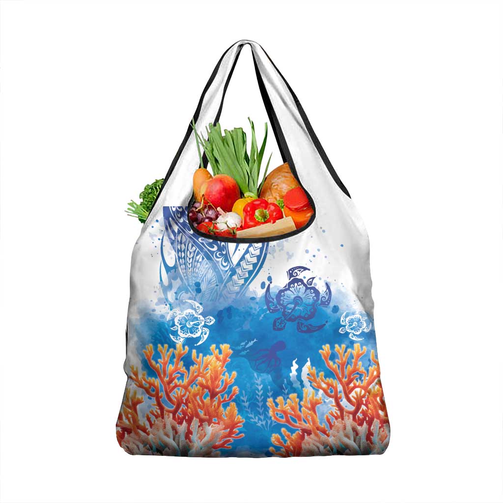 Hibiscus Turtle Tattoo Coral Reef Grocery Bag with Polynesian Tribal