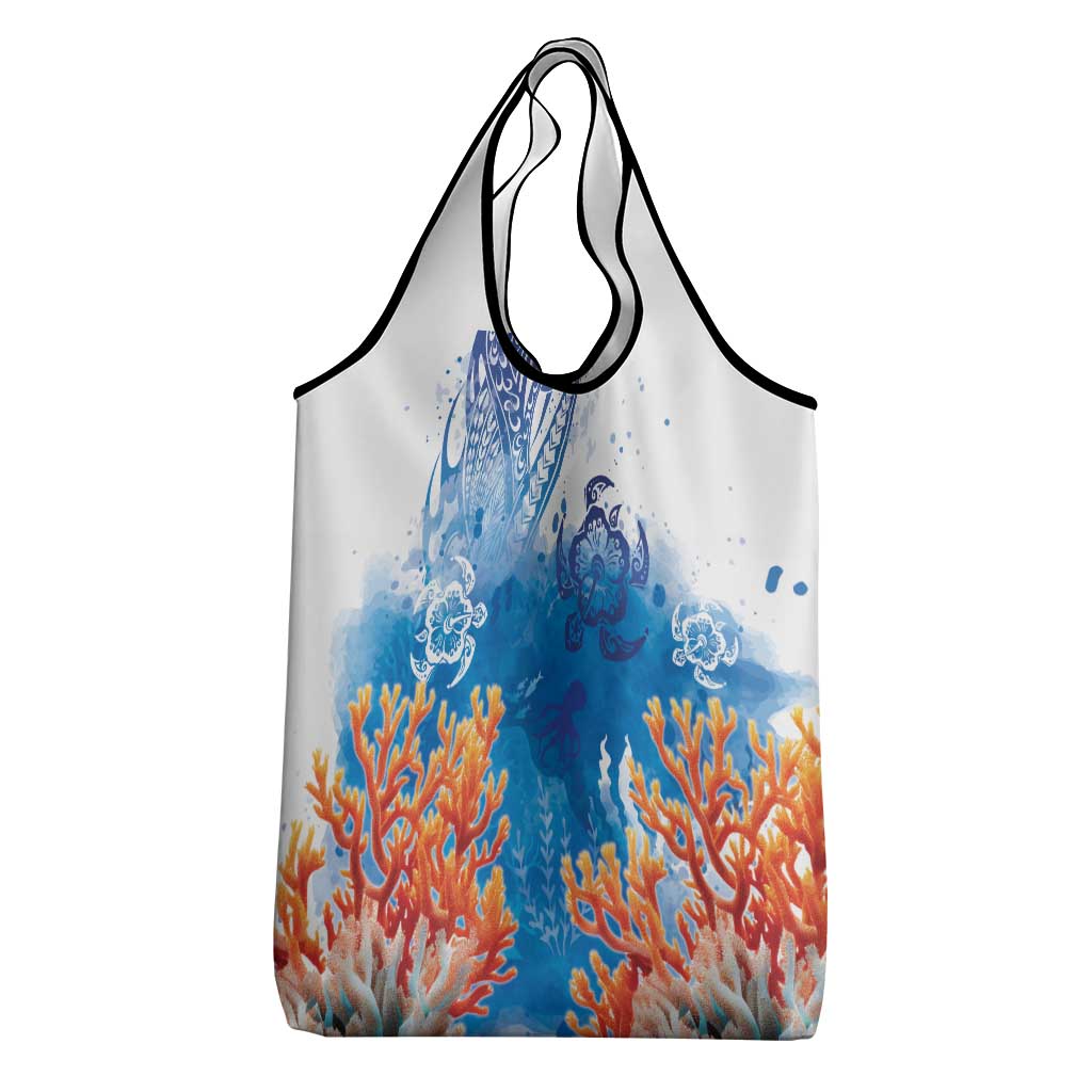 Hibiscus Turtle Tattoo Coral Reef Grocery Bag with Polynesian Tribal