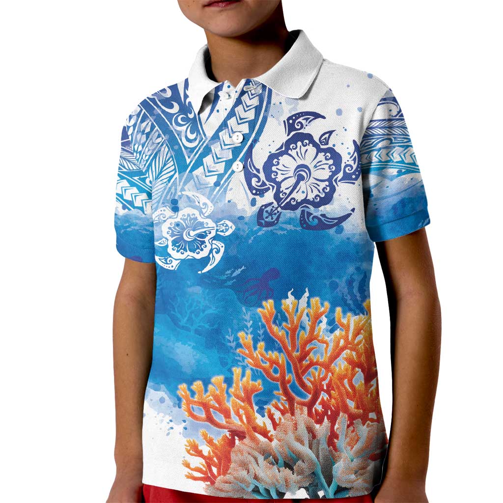 Hibiscus Turtle Tattoo Coral Reef Kid Polo Shirt with Polynesian Tribal