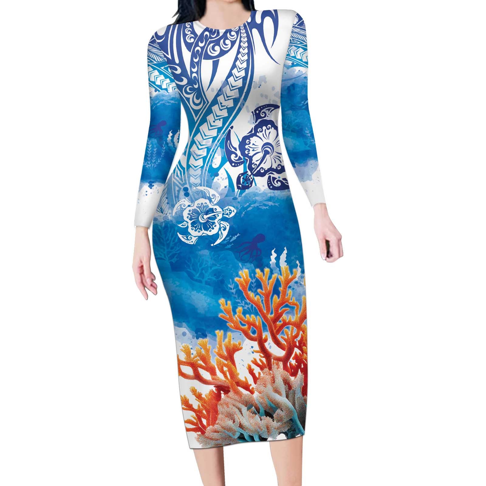 Hibiscus Turtle Tattoo Coral Reef Long Sleeve Bodycon Dress with Polynesian Tribal LT9 Long Dress White - Polynesian Pride
