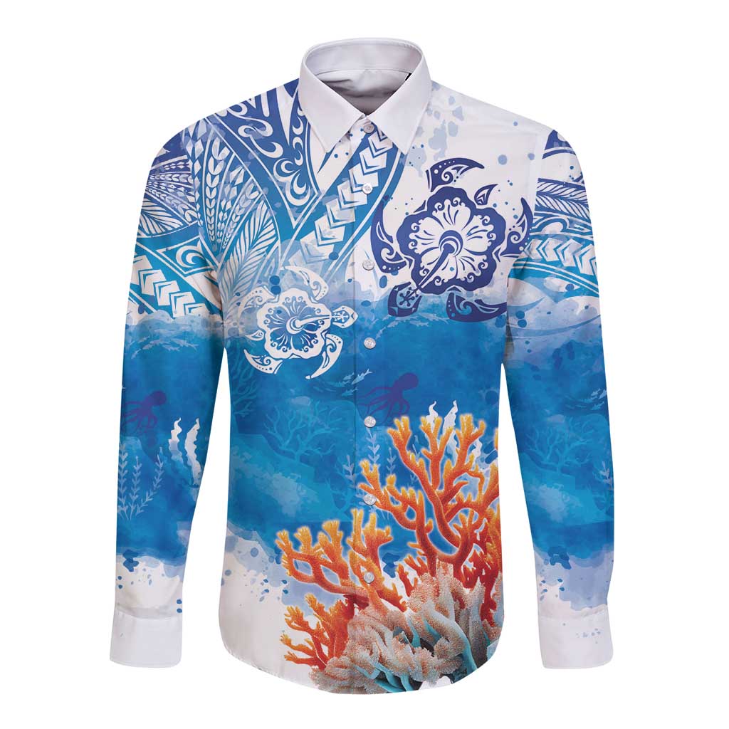 Hibiscus Turtle Tattoo Coral Reef Long Sleeve Button Shirt with Polynesian Tribal LT9 Unisex White - Polynesian Pride