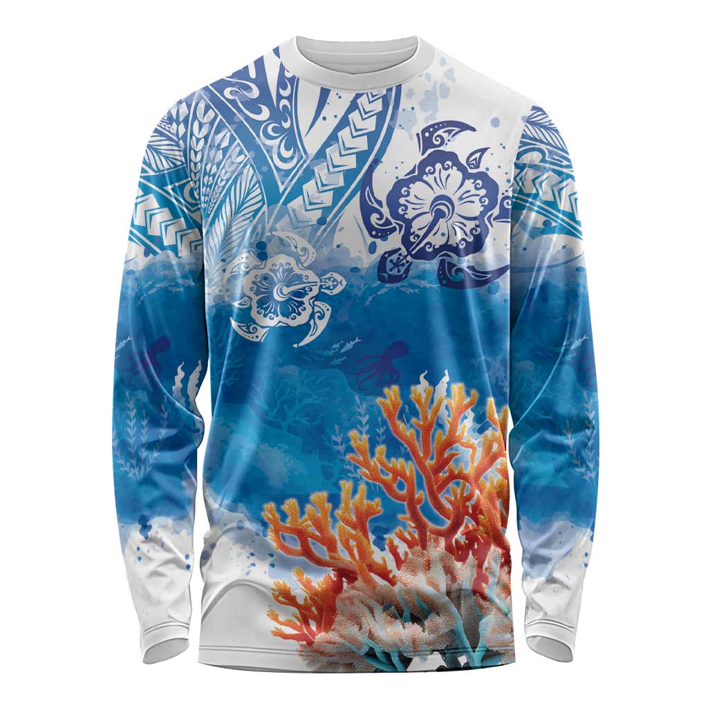 Hibiscus Turtle Tattoo Coral Reef Long Sleeve Shirt with Polynesian Tribal LT9 Unisex White - Polynesian Pride