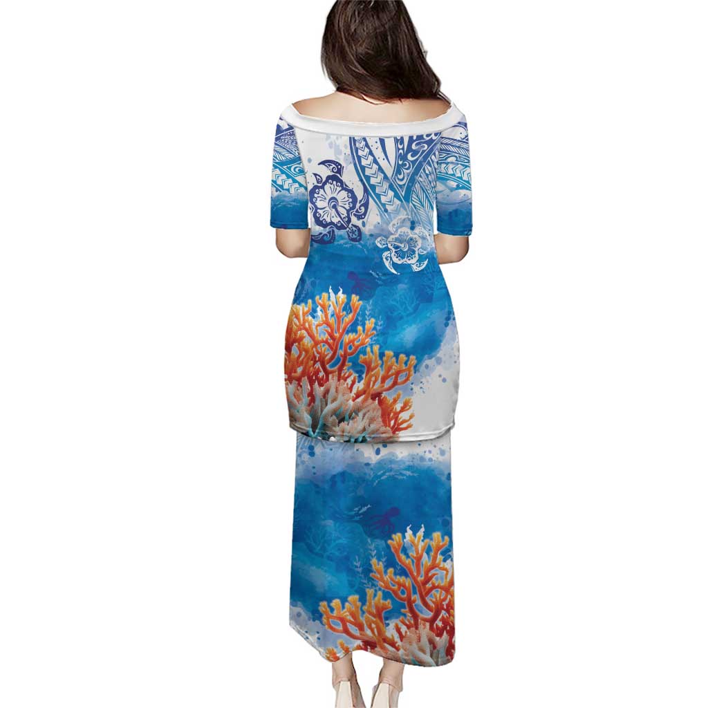 Hibiscus Turtle Tattoo Coral Reef Puletasi with Polynesian Tribal