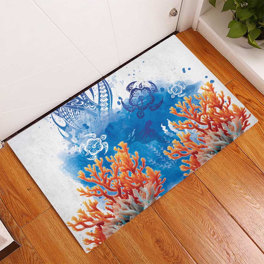 Hibiscus Turtle Tattoo Coral Reef Rubber Doormat with Polynesian Tribal