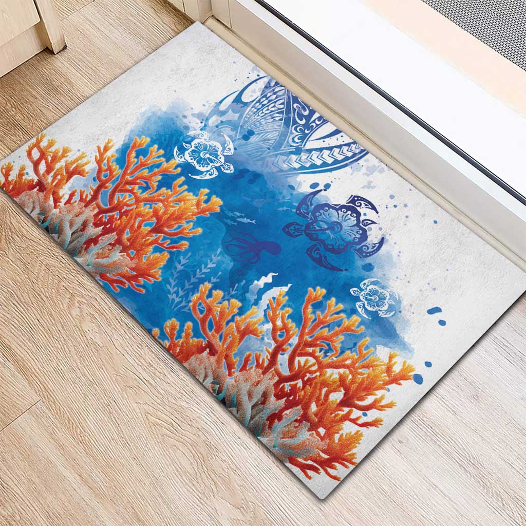 Hibiscus Turtle Tattoo Coral Reef Rubber Doormat with Polynesian Tribal