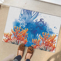 Hibiscus Turtle Tattoo Coral Reef Rubber Doormat with Polynesian Tribal
