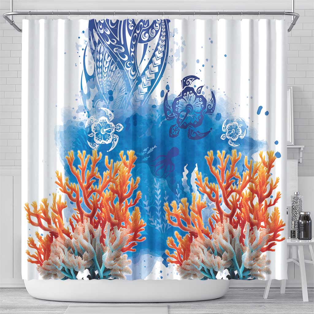 Hibiscus Turtle Tattoo Coral Reef Shower Curtain with Polynesian Tribal