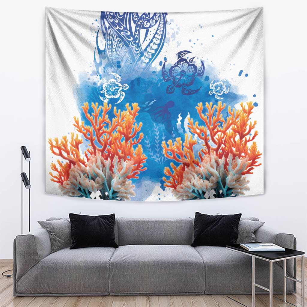 Hibiscus Turtle Tattoo Coral Reef Tapestry with Polynesian Tribal LT9 White - Polynesian Pride