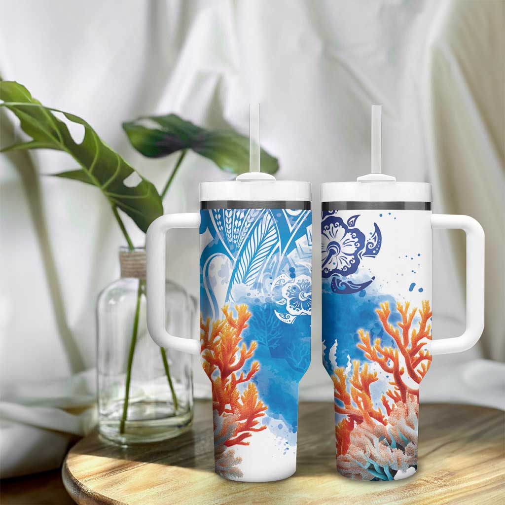 Hibiscus Turtle Tattoo Coral Reef Tumbler With Handle with Polynesian Tribal