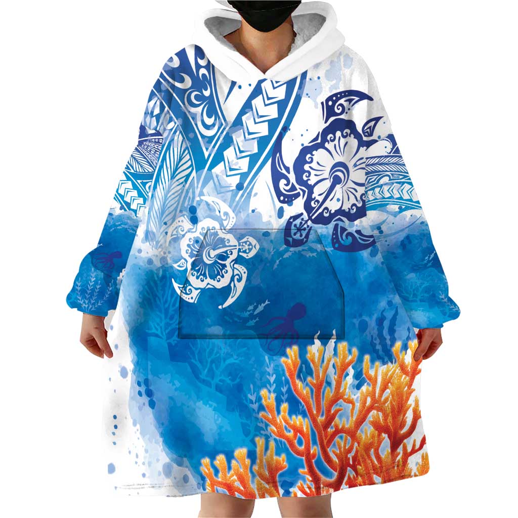 Hibiscus Turtle Tattoo Coral Reef Wearable Blanket Hoodie with Polynesian Tribal
