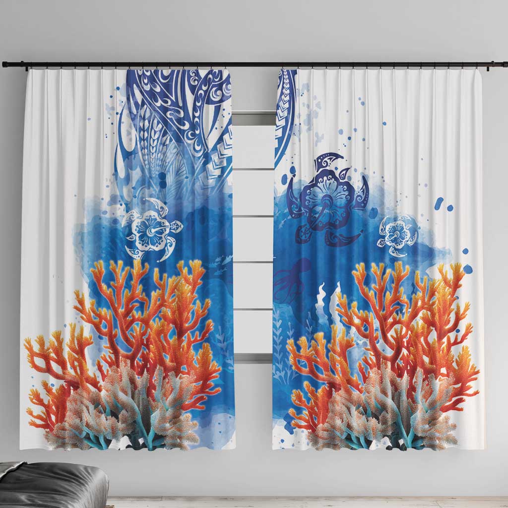 Hibiscus Turtle Tattoo Coral Reef Window Curtain with Polynesian Tribal LT9 With Hooks White - Polynesian Pride