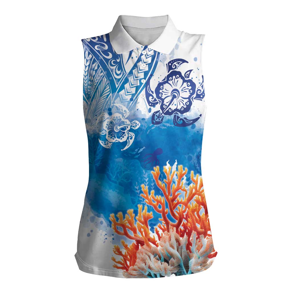 Hibiscus Turtle Tattoo Coral Reef Women Sleeveless Polo Shirt with Polynesian Tribal