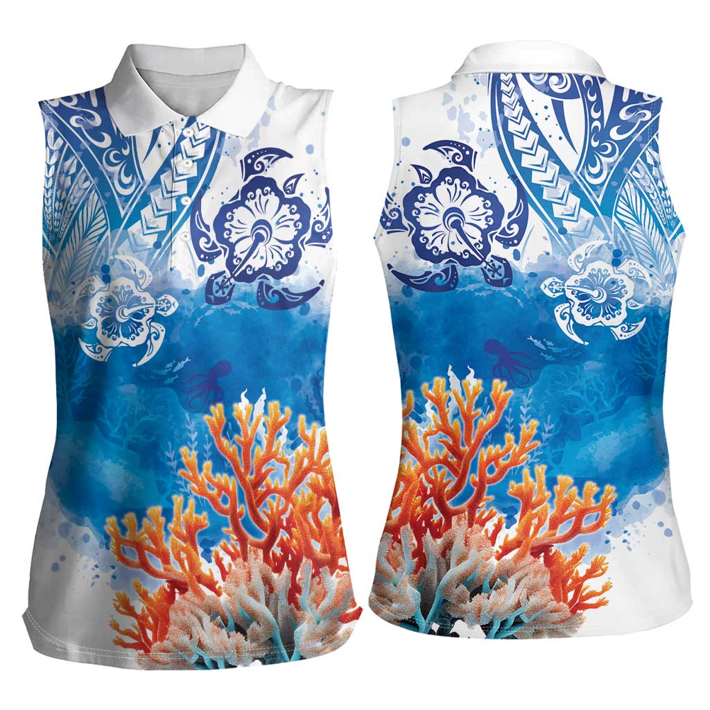 Hibiscus Turtle Tattoo Coral Reef Women Sleeveless Polo Shirt with Polynesian Tribal
