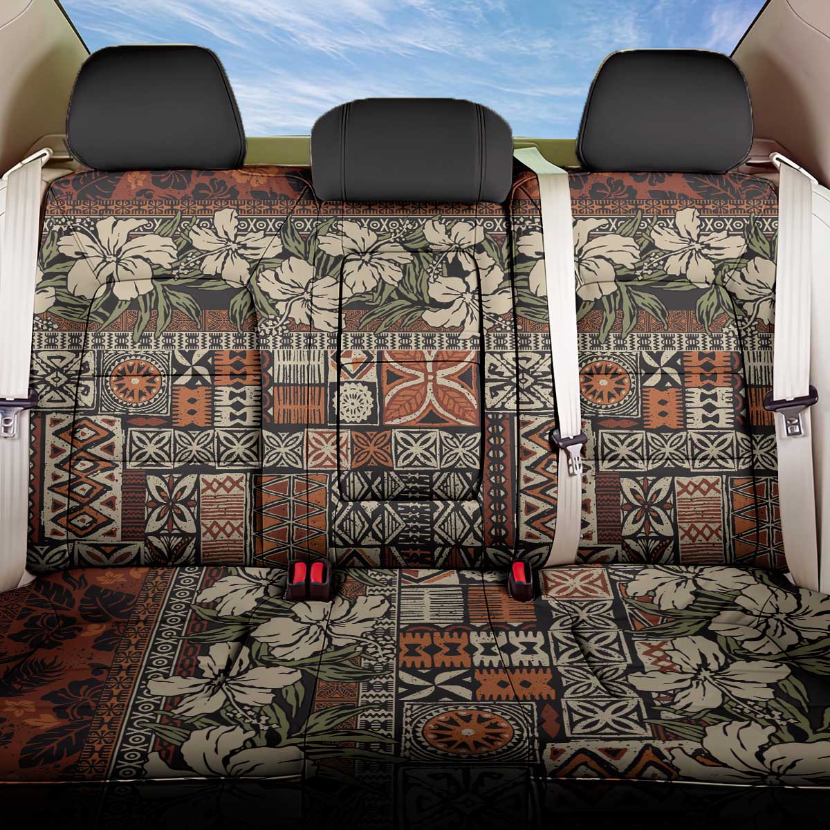 Pacific Hibiscus Tapa Tribal Vintage Back Car Seat Cover Brown Motif LT9 One Size Brown - Polynesian Pride