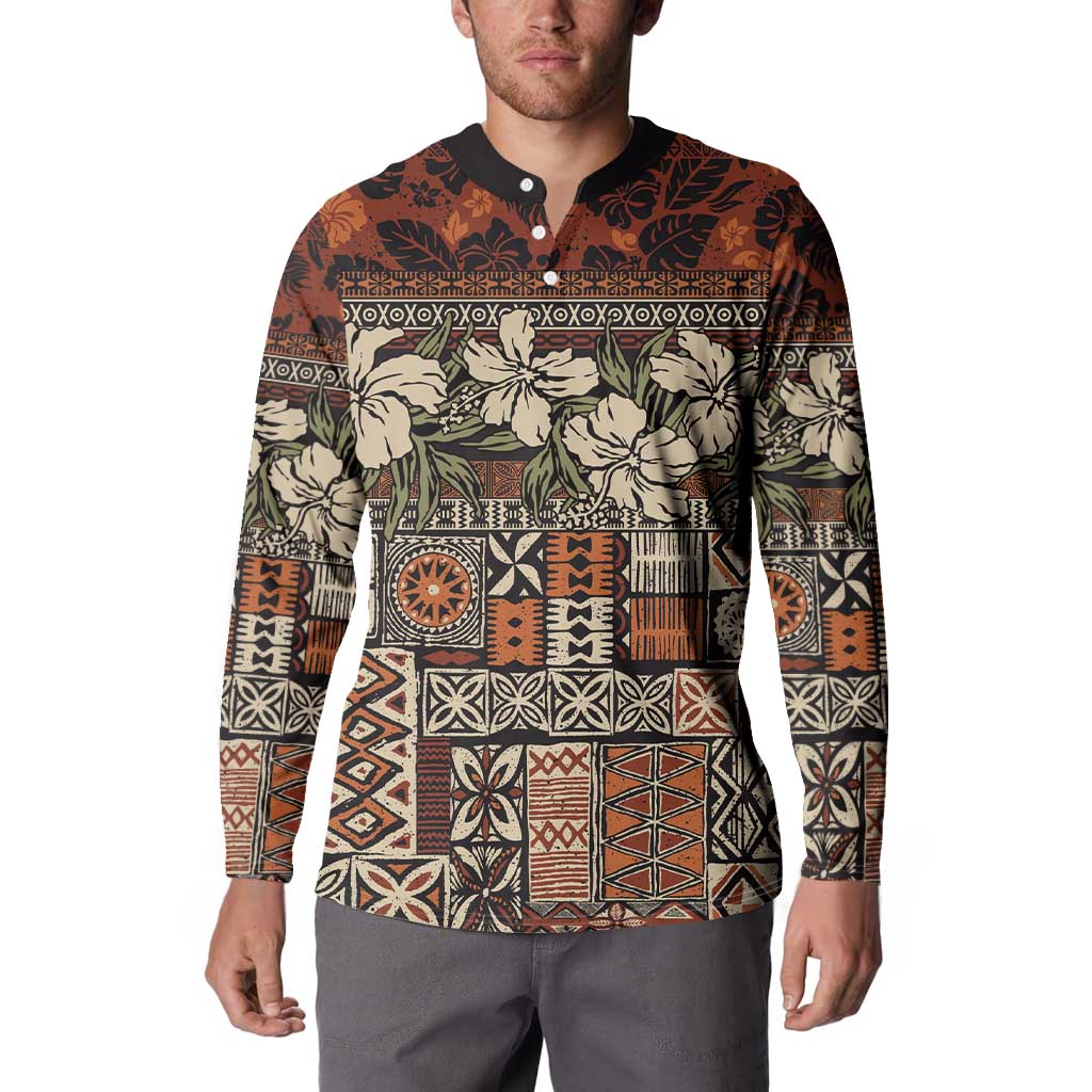 Pacific Hibiscus Tapa Tribal Vintage Button Sweatshirt Brown Motif