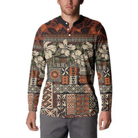 Pacific Hibiscus Tapa Tribal Vintage Button Sweatshirt Brown Motif