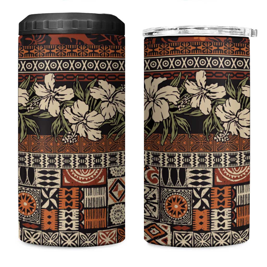 Pacific Hibiscus Tapa Tribal Vintage 4 in 1 Can Cooler Tumbler Brown Motif