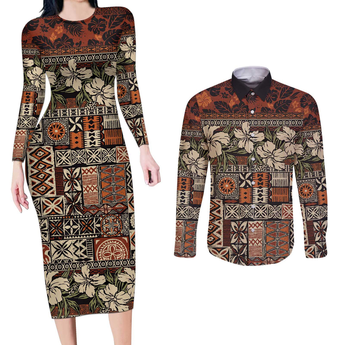 Pacific Hibiscus Tapa Tribal Vintage Couples Matching Long Sleeve Bodycon Dress and Long Sleeve Button Shirt Brown Motif