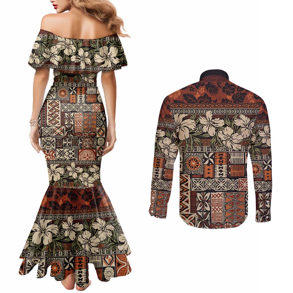 Pacific Hibiscus Tapa Tribal Vintage Couples Matching Mermaid Dress and Long Sleeve Button Shirt Brown Motif