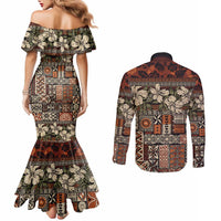 Pacific Hibiscus Tapa Tribal Vintage Couples Matching Mermaid Dress and Long Sleeve Button Shirt Brown Motif