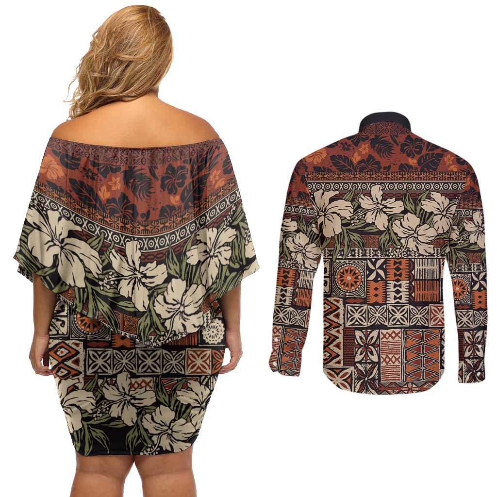 Pacific Hibiscus Tapa Tribal Vintage Couples Matching Off Shoulder Short Dress and Long Sleeve Button Shirt Brown Motif