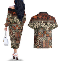 Pacific Hibiscus Tapa Tribal Vintage Couples Matching Off The Shoulder Long Sleeve Dress and Hawaiian Shirt Brown Motif