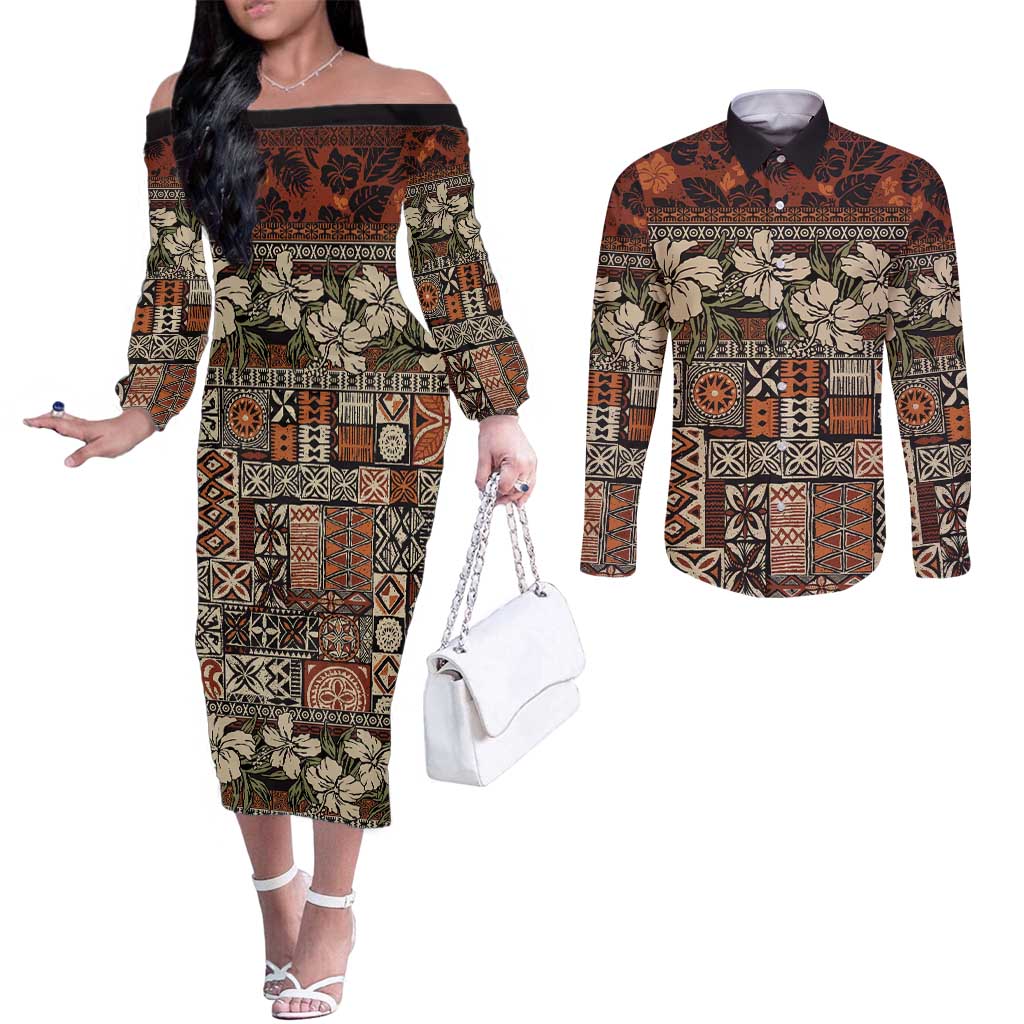 Pacific Hibiscus Tapa Tribal Vintage Couples Matching Off The Shoulder Long Sleeve Dress and Long Sleeve Button Shirt Brown Motif