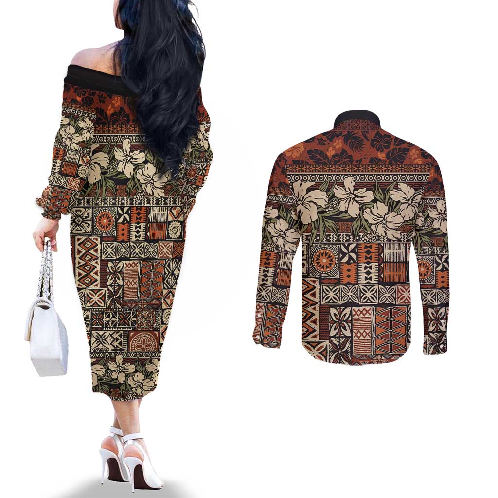 Pacific Hibiscus Tapa Tribal Vintage Couples Matching Off The Shoulder Long Sleeve Dress and Long Sleeve Button Shirt Brown Motif