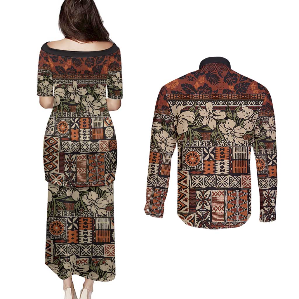 Pacific Hibiscus Tapa Tribal Vintage Couples Matching Puletasi and Long Sleeve Button Shirt Brown Motif