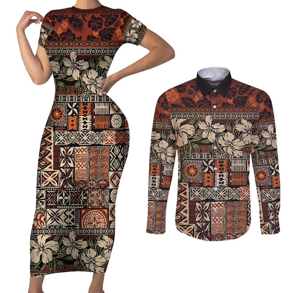 Pacific Hibiscus Tapa Tribal Vintage Couples Matching Short Sleeve Bodycon Dress and Long Sleeve Button Shirt Brown Motif
