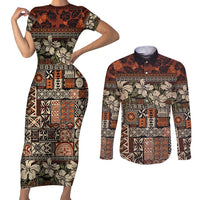 Pacific Hibiscus Tapa Tribal Vintage Couples Matching Short Sleeve Bodycon Dress and Long Sleeve Button Shirt Brown Motif