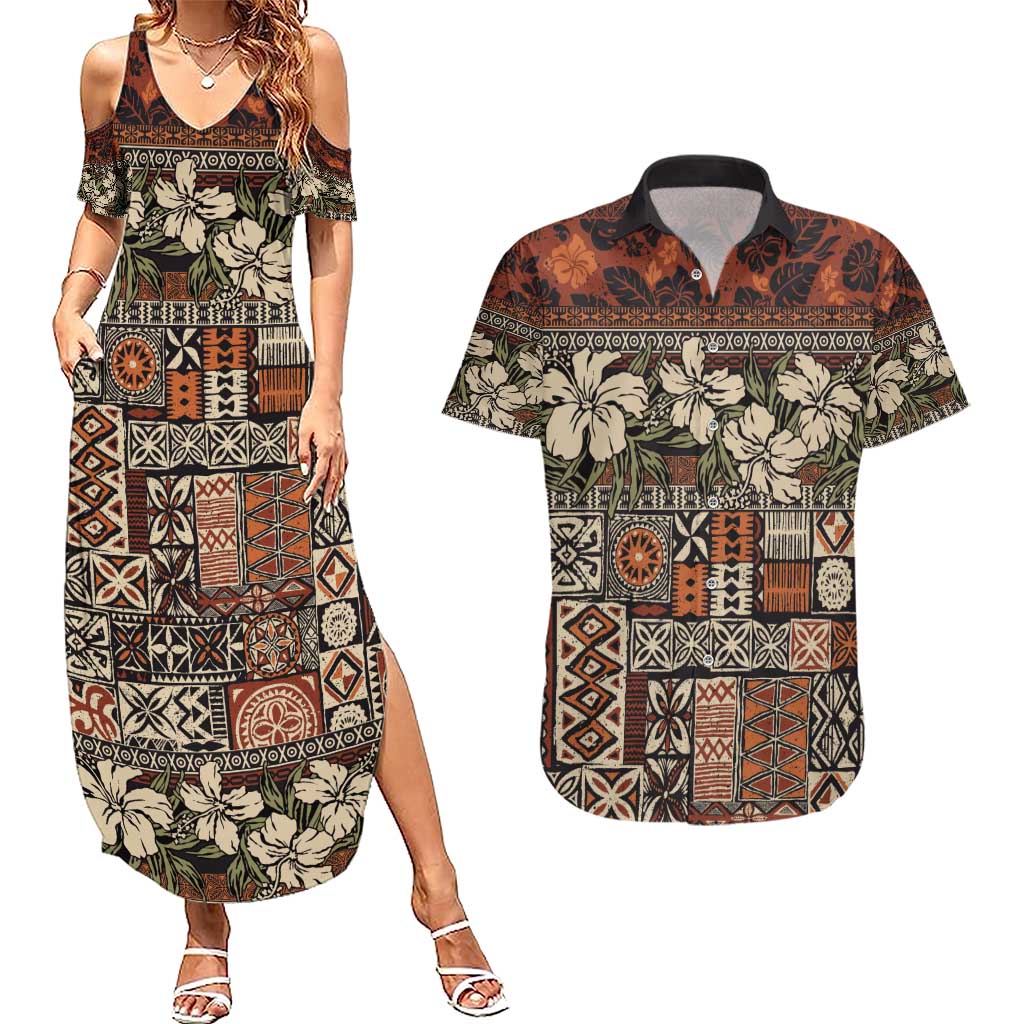 Pacific Hibiscus Tapa Tribal Vintage Couples Matching Summer Maxi Dress and Hawaiian Shirt Brown Motif