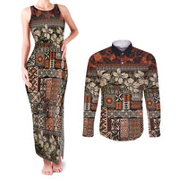 Pacific Hibiscus Tapa Tribal Vintage Couples Matching Tank Maxi Dress and Long Sleeve Button Shirt Brown Motif