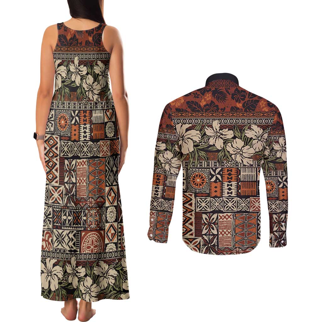 Pacific Hibiscus Tapa Tribal Vintage Couples Matching Tank Maxi Dress and Long Sleeve Button Shirt Brown Motif