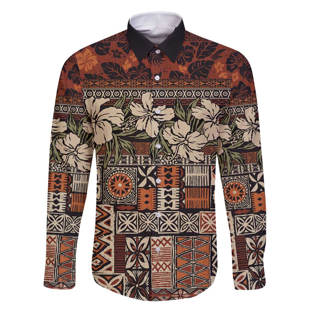 Pacific Hibiscus Tapa Tribal Vintage Family Matching Puletasi and Hawaiian Shirt Brown Motif