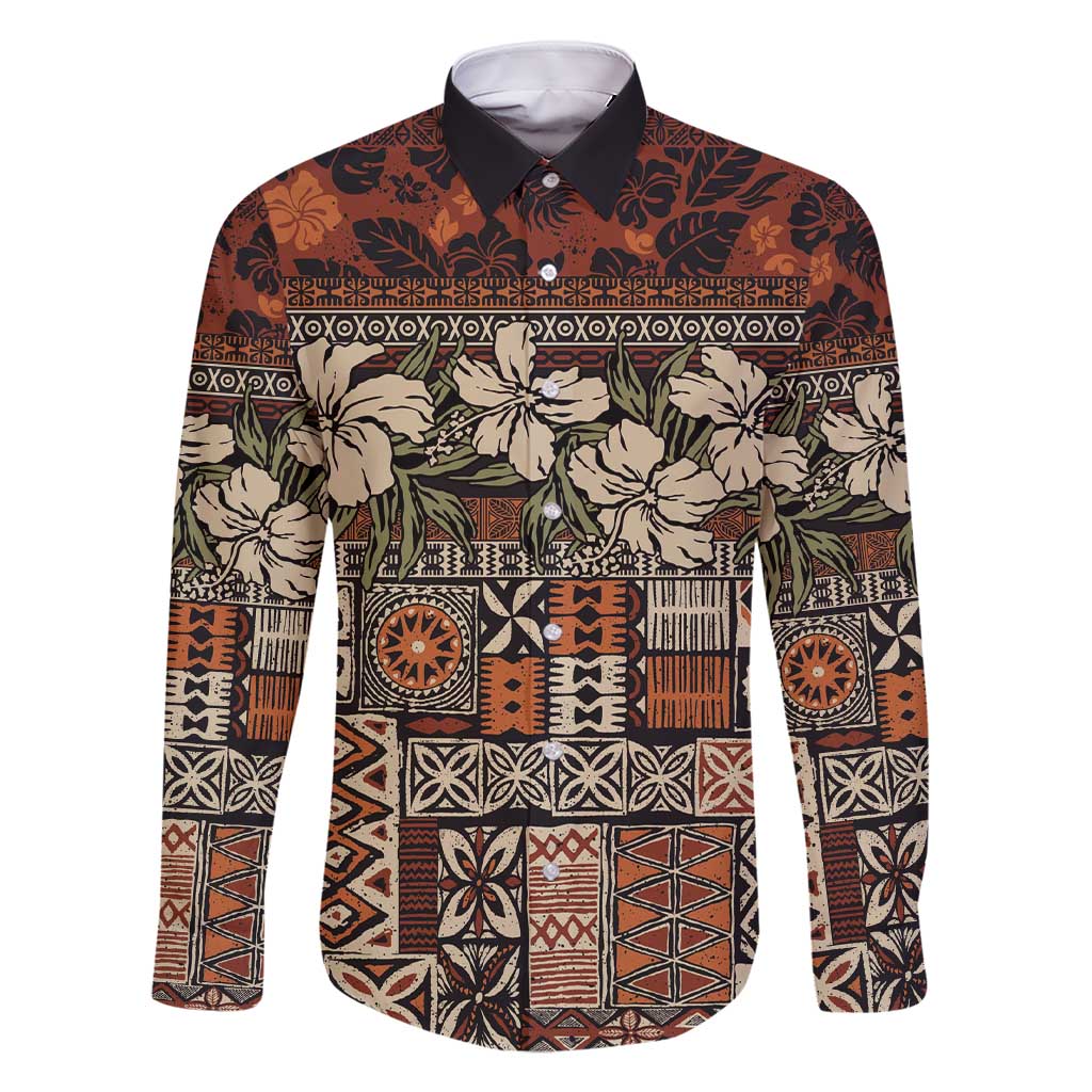 Pacific Hibiscus Tapa Tribal Vintage Family Matching Short Sleeve Bodycon Dress and Hawaiian Shirt Brown Motif