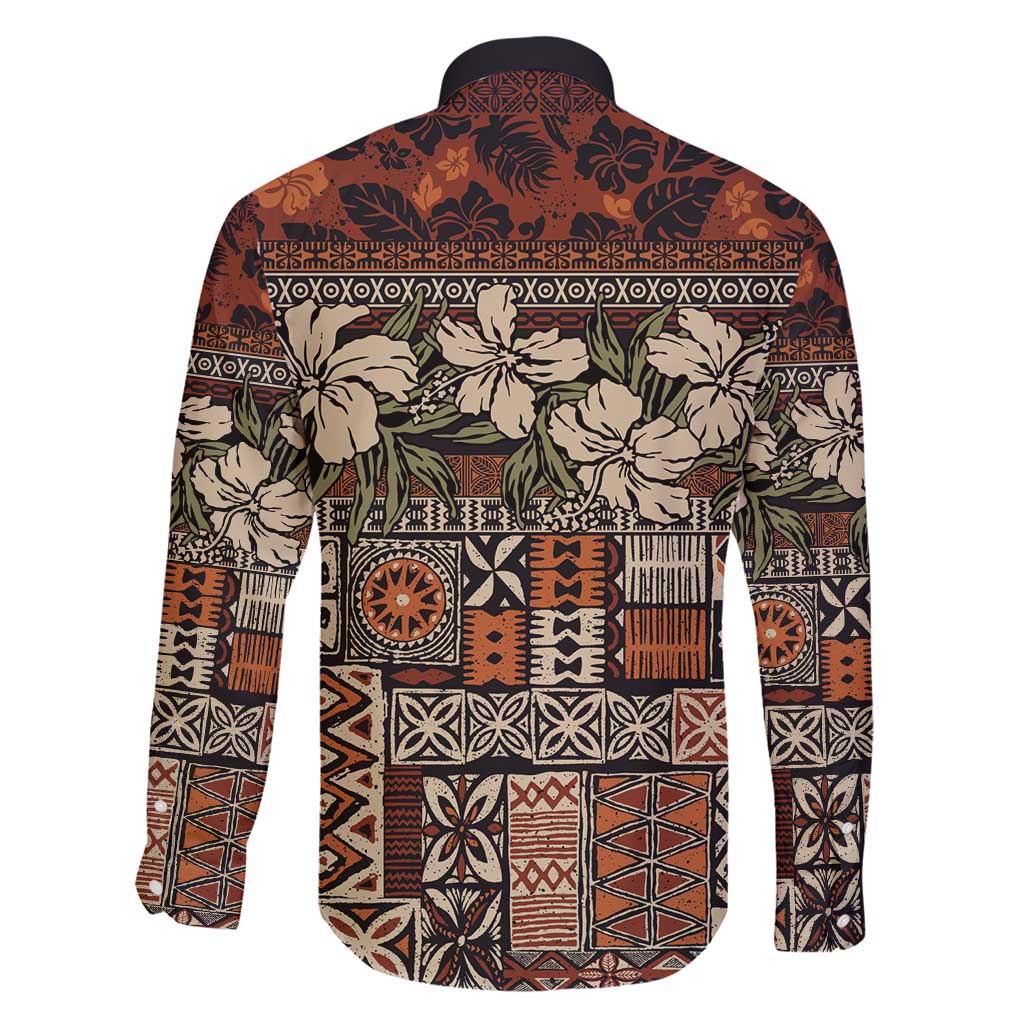 Pacific Hibiscus Tapa Tribal Vintage Family Matching Short Sleeve Bodycon Dress and Hawaiian Shirt Brown Motif