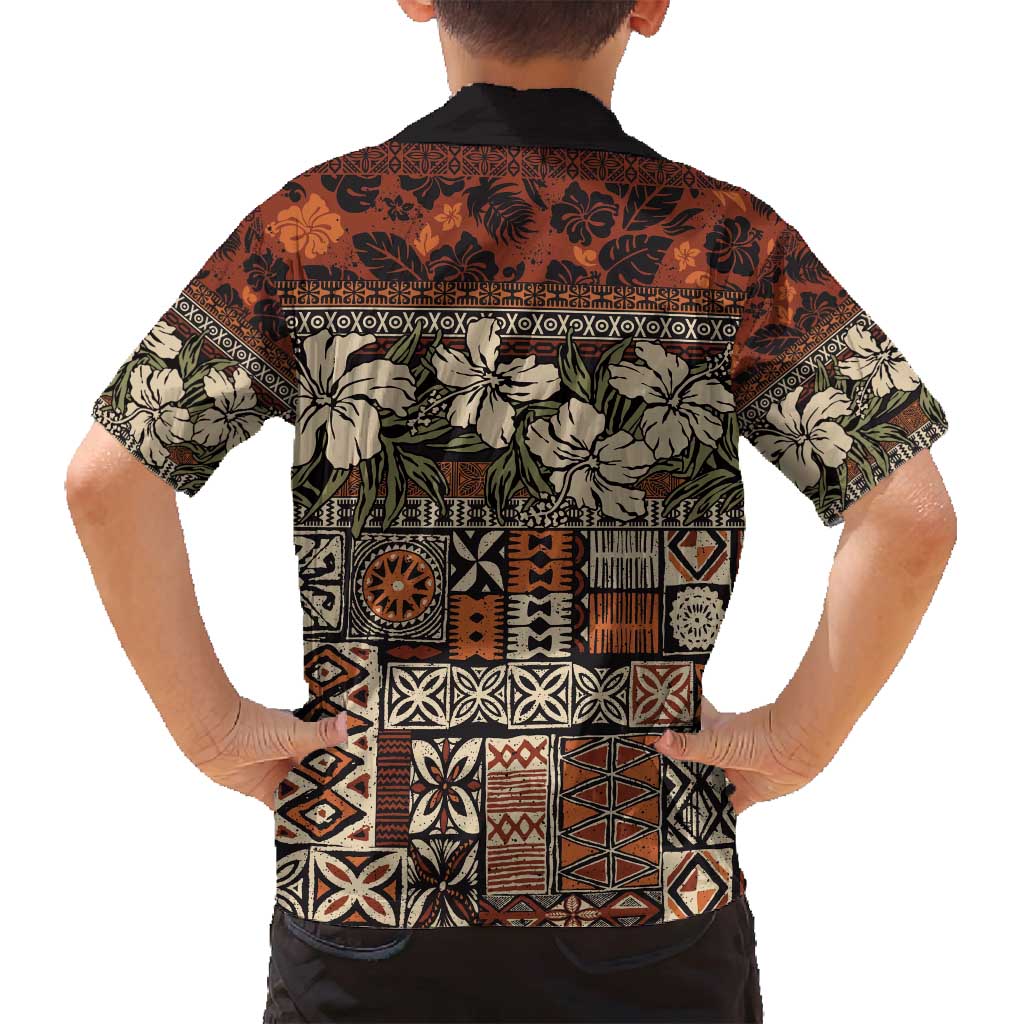 Pacific Hibiscus Tapa Tribal Vintage Family Matching Tank Maxi Dress and Hawaiian Shirt Brown Motif