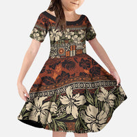 Pacific Hibiscus Tapa Tribal Vintage Family Matching Tank Maxi Dress and Hawaiian Shirt Brown Motif