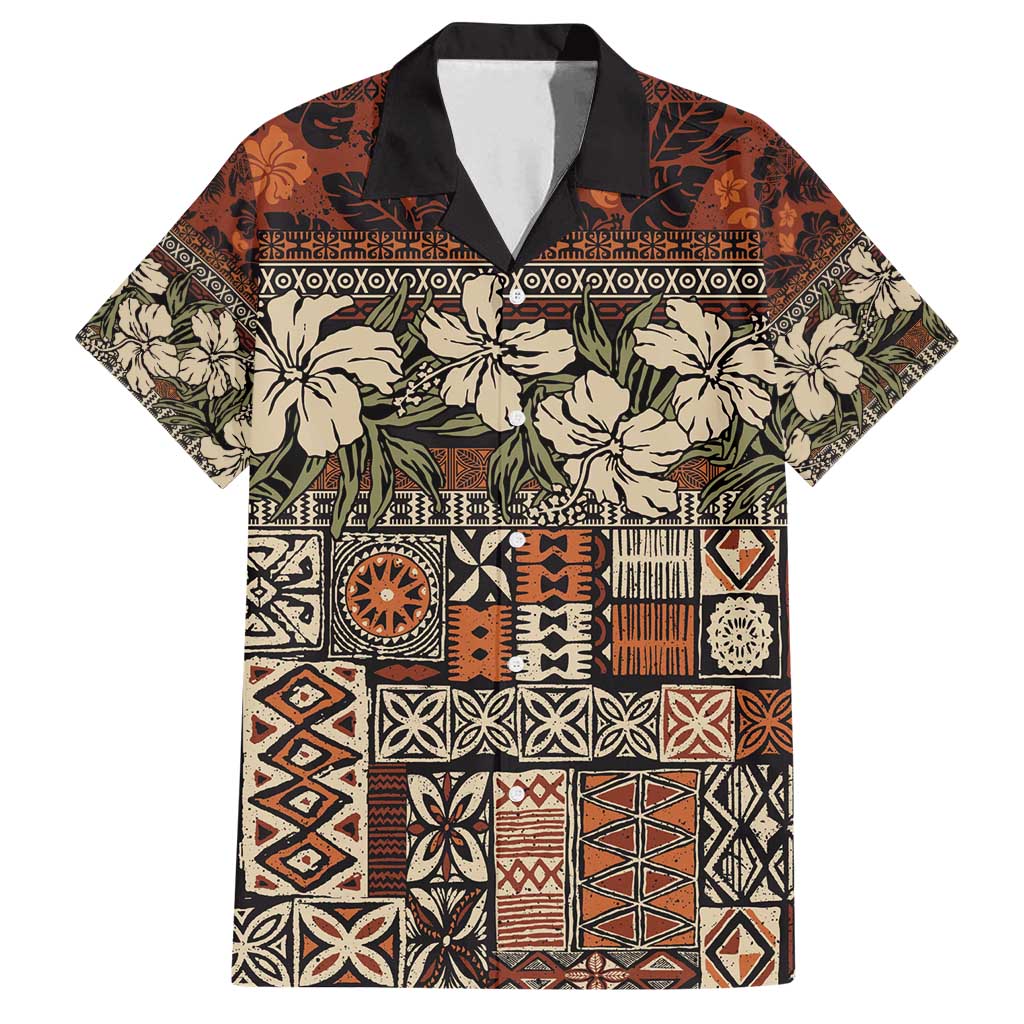 Pacific Hibiscus Tapa Tribal Vintage Family Matching Tank Maxi Dress and Hawaiian Shirt Brown Motif