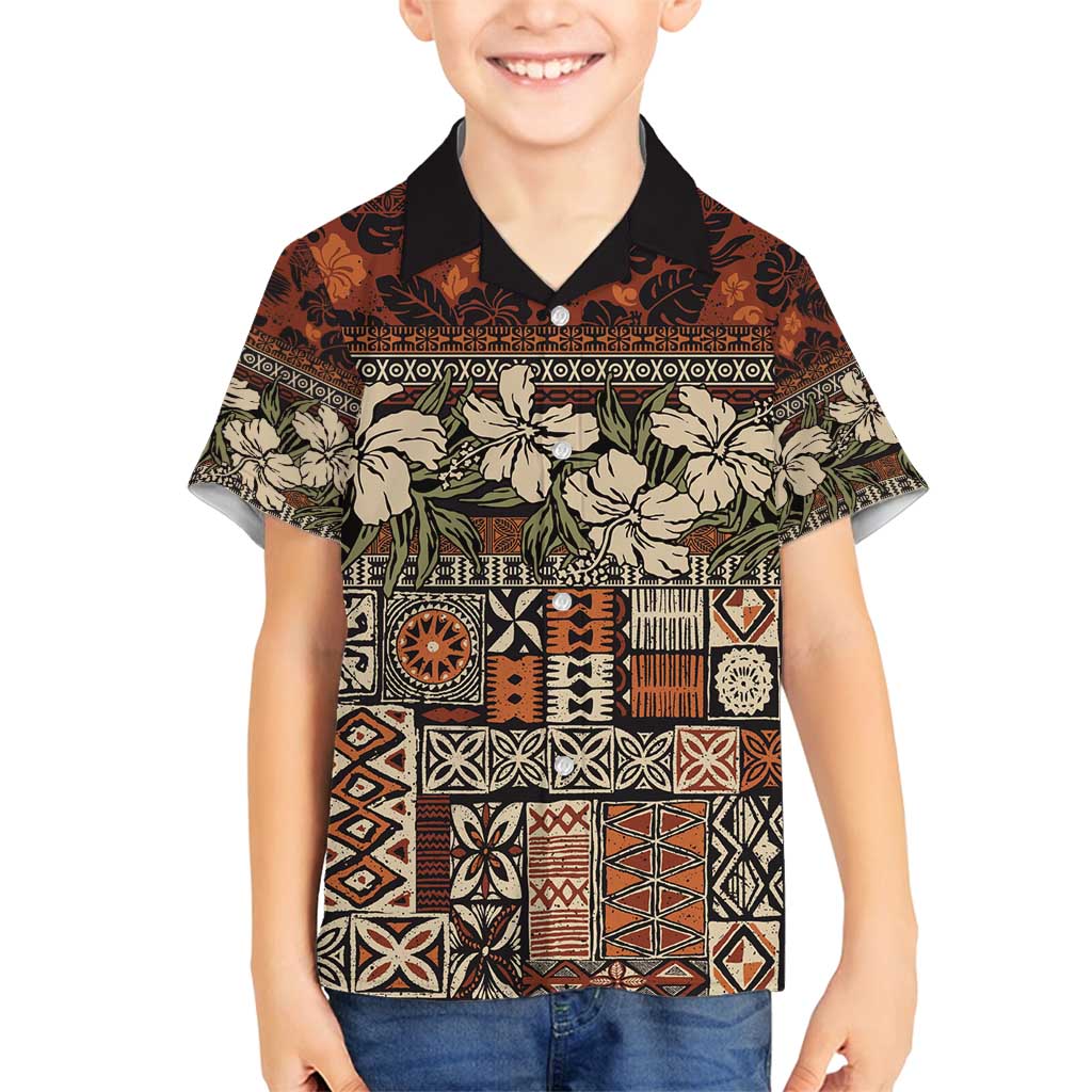 Pacific Hibiscus Tapa Tribal Vintage Family Matching Tank Maxi Dress and Hawaiian Shirt Brown Motif