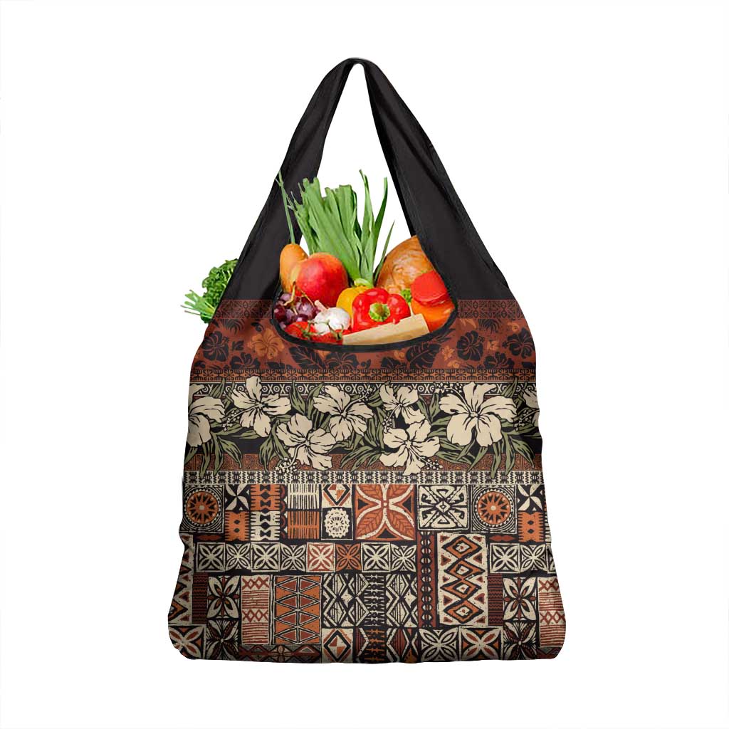 Pacific Hibiscus Tapa Tribal Vintage Grocery Bag Brown Motif
