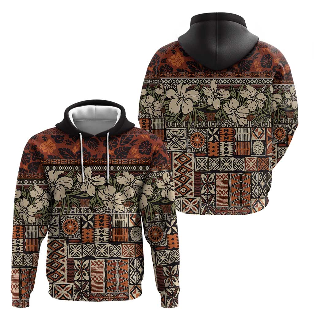 Pacific Hibiscus Tapa Tribal Vintage Hoodie Brown Motif