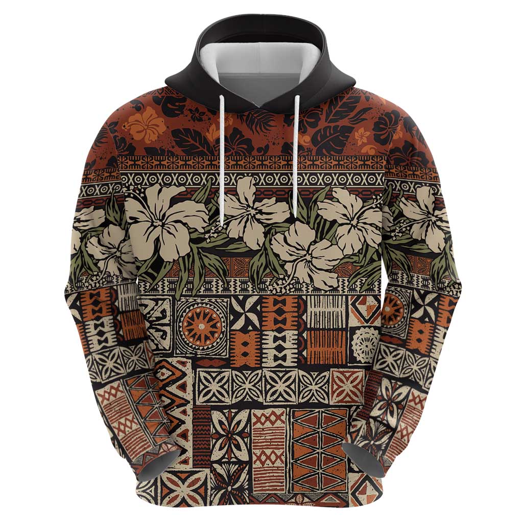 Pacific Hibiscus Tapa Tribal Vintage Hoodie Brown Motif