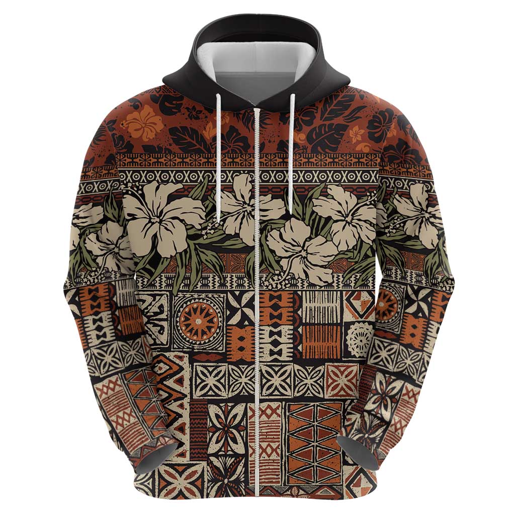 Pacific Hibiscus Tapa Tribal Vintage Hoodie Brown Motif