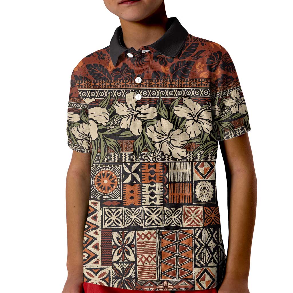 Pacific Hibiscus Tapa Tribal Vintage Kid Polo Shirt Brown Motif LT9 Kid Brown - Polynesian Pride