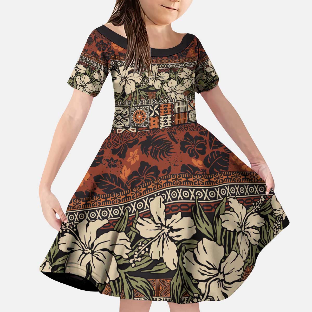 Pacific Hibiscus Tapa Tribal Vintage Kid Short Sleeve Dress Brown Motif LT9 KID Brown - Polynesian Pride